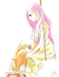 Size: 572x752 | Tagged: safe, artist:zoe-productions, applejack, fluttershy, human, g4, comforting, crying, humanized, swing