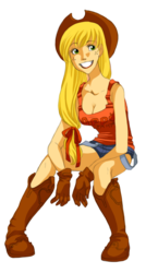 Size: 491x847 | Tagged: safe, artist:zoe-productions, applejack, human, g4, boots, clothes, female, gloves, grin, humanized, shorts, sitting, solo, tank top