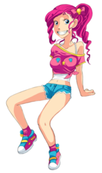 Size: 436x740 | Tagged: safe, artist:zoe-productions, pinkie pie, human, g4, belly button, bra strap, clothes, daisy dukes, female, front knot midriff, grin, humanized, midriff, off shoulder, shorts, simple background, solo, transparent background
