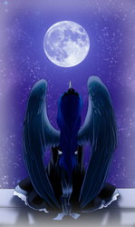 Size: 540x909 | Tagged: safe, artist:zoe-productions, princess luna, human, g4, clothes, dress, female, horn, horned humanization, humanized, moon, night, rear view, solo, spread wings, winged humanization