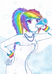 Size: 2452x3476 | Tagged: safe, artist:deeemperor, rainbow dash, human, g4, armpits, bedroom eyes, breasts, cleavage, drinking, female, fluffy, high res, humanized, naked towel, necklace, ponytail, solo, towel, traditional art, wet, wristband
