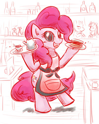 Size: 1024x1280 | Tagged: safe, artist:gamijack, pinkie pie, pony, g4, apron, bipedal, cafe, clothes, serving tray, solo focus, waitress