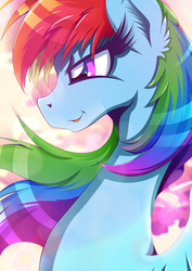 Size: 1358x1920 | Tagged: safe, artist:rariedash, part of a set, rainbow dash, pegasus, pony, g4, bust, ear fluff, female, long neck, looking forward, mare, portrait, solo, spread wings, windswept mane, wings