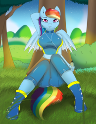 Size: 2000x2577 | Tagged: safe, artist:xorza, rainbow dash, anthro, plantigrade anthro, g4, against tree, armpits, boots, breasts, busty rainbow dash, clothes, commission, earbuds, female, high res, jacket, leaning, looking at you, looking away, looking up, midriff, sitting, solo, sweat, tree, under the tree, water bottle