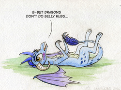 Size: 800x595 | Tagged: safe, artist:el-yeguero, princess ember, dragon, g4, gauntlet of fire, bellyrubs, blushing, cute, dialogue, dragoness, emberbetes, female, imminent belly rub, on back, open mouth, solo, traditional art, tsundember, tsundere
