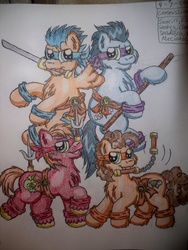 Size: 2736x3648 | Tagged: safe, artist:shelby100, big macintosh, cheese sandwich, flash sentry, soarin', earth pony, pony, g4, best friends, bow, donatello, group, high res, leonardo, male, michelangelo, ninja, nunchucks, pencil drawing, raphael, stallion, sword, teenage mutant ninja turtles, traditional art, weapon