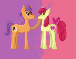 Size: 690x540 | Tagged: safe, artist:funny-arts, apple bloom, tender taps, g4, blushing, cutie mark, female, male, ship:tenderbloom, shipping, straight, tail bow, the cmc's cutie marks