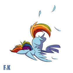 Size: 2000x2000 | Tagged: safe, artist:fluttershythekind, rainbow dash, pegasus, pony, g4, colored, crash landing, faceplant, fail, feather, female, high res, majestic as fuck, mare, nailed it, pointy ponies, rainbow crash, simple background, solo, white background