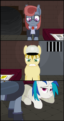 Size: 325x609 | Tagged: safe, artist:herooftime1000, dj pon-3, vinyl scratch, oc, oc:cryptania, oc:muscle milk, bat pony, earth pony, pony, unicorn, octavia in the underworld's cello, g4, angry, book, confused, dungeon, fan game, gritted teeth, hat, lying down, pixel art, prone, raised eyebrow, smug, smug smile, teeth, unamused
