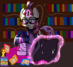 Size: 1744x1600 | Tagged: dead source, safe, artist:artypaints, moondancer, twilight sparkle, alicorn, pony, g4, blanket, blushing, book, duo, female, glasses, lesbian, levitation, magic, mare, ship:twidancer, shipping, sleeping, telekinesis, twilight sparkle (alicorn)