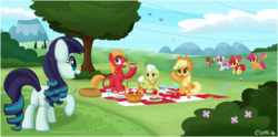 Size: 1902x945 | Tagged: safe, artist:ctb-36, apple bloom, applejack, big macintosh, coloratura, granny smith, scootaloo, sweetie belle, winona, bird, butterfly, earth pony, pony, g4, apple, apple family, ball, basket, bottle, cutie mark, cutie mark crusaders, eating, female, filly, food, hot air balloon, male, picnic, rara, sandwich, stallion, the cmc's cutie marks, tree, water