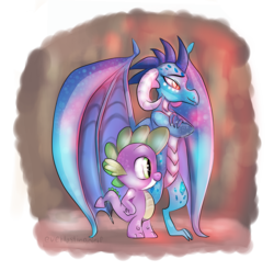 Size: 4444x4384 | Tagged: safe, artist:everlastingderp, princess ember, spike, dragon, g4, gauntlet of fire, absurd resolution, crossed arms, duo, friends, lidded eyes, smiling, spread wings