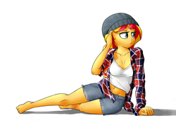 Size: 1024x753 | Tagged: dead source, safe, artist:victoreach, sunset shimmer, equestria girls, g4, barefoot, beanie, belly button, clothes, feet, female, grunge, hat, simple background, solo, white background