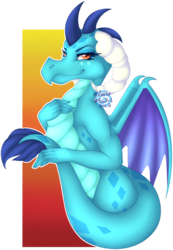 Size: 888x1280 | Tagged: safe, artist:mint0swirl, princess ember, dragon, g4, gauntlet of fire, bedroom eyes, female, looking at you, simple background, solo, tail, tail pull, transparent background
