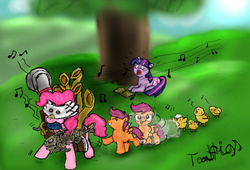 Size: 1084x737 | Tagged: safe, artist:teagigs, pinkie pie, twilight sparkle, g4, bremen mask, chick, crossover, cucco, mask, music notes, nintendo, scootachicken, the legend of zelda, the legend of zelda: majora's mask