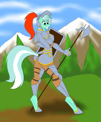 Size: 3252x3945 | Tagged: safe, artist:vladiverse, lyra heartstrings, anthro, unguligrade anthro, g4, ass, butt, fantasy class, female, halberd, high res, knight, poleaxe, shield, solo, warrior
