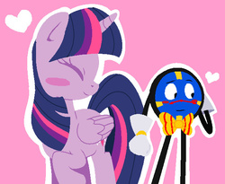 Size: 618x507 | Tagged: safe, artist:roselladoll1, twilight sparkle, alicorn, pony, g4, blush sticker, blushing, bowtie, crack shipping, crossover, crossover shipping, cute, don't hug me i'm scared, eyes closed, female, heart, mare, shipping, simple background, tony the talking clock, twiabetes, twiclock, twilight sparkle (alicorn)