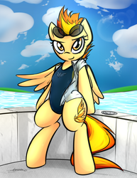 Size: 2601x3369 | Tagged: safe, artist:jetwave, spitfire, pegasus, pony, g4, bipedal, clothes, female, high res, leaning, one-piece swimsuit, open clothes, open shirt, poolside, shirt, solo, stupid sexy spitfire, sunglasses, swimming pool, swimsuit