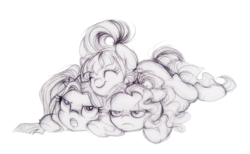 Size: 1224x752 | Tagged: safe, artist:buttersprinkle, adagio dazzle, aria blaze, sonata dusk, pony, equestria girls, g4, cuddle puddle, cuddling, grumpy, monochrome, ponified, pony pile, simple background, sketch, snuggling, the dazzlings, traditional art, white background
