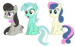 Size: 2500x1549 | Tagged: safe, artist:lonewolf3878, bon bon, lyra heartstrings, octavia melody, sweetie drops, pony, g4, on your marks, shocked, simple background, sitting, transparent background