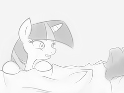 Size: 800x600 | Tagged: safe, artist:vulapa, twilight sparkle, oc, oc:anon, human, pony, g4, bed, cyoa, cyoa:life in ponyville, eager, excited, grayscale, hospital, hospital bed, monochrome, story included