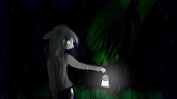 Size: 1920x1080 | Tagged: safe, artist:eclipsepenumbra, oc, oc only, oc:eclipse penumbra, bat pony, anthro, dark, forest, glowing eyes, green eyes, lantern, night, rain, sledgehammer