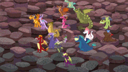 Size: 900x506 | Tagged: safe, screencap, amarant, baff, ballista, barry, billy, clump, fizzle, garble, prominence, rarity, rex, snake (g4), spear (g4), spike, thod, twilight sparkle, vex, viverno, dragon, g4, gauntlet of fire, animated, background dragon, disguise, dragoness, female, gif, male, rock costume, teenaged dragon, the happiest of dragons, twilight sparkle (alicorn)