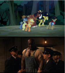 Size: 1024x1152 | Tagged: safe, screencap, applejack, fetter keys, sheriff silverstar, star spur, trouble shoes, appleoosa's most wanted, g4, appleloosa resident, comparison, fridge horror, michael clarke duncan, the green mile, the implications are horrible, tom hanks, unfortunate implications