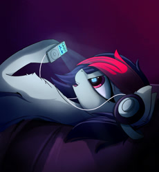 Size: 2159x2347 | Tagged: safe, artist:magnaluna, oc, oc only, oc:miss eri, earth pony, pony, black and red mane, female, headphones, high res, lying down, mp3 player, music, on back, solo, two toned mane