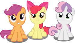 Size: 3000x1742 | Tagged: safe, artist:spellboundcanvas, apple bloom, scootaloo, sweetie belle, earth pony, pegasus, pony, unicorn, g4, on your marks, adorabloom, apple bloom's bow, bow, cute, cutealoo, cutie mark crusaders, diasweetes, female, filly, foal, gritted teeth, hair bow, looking up, simple background, sitting, smiling, teeth, transparent background, vector
