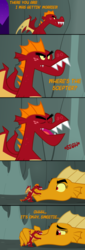 Size: 600x1755 | Tagged: safe, artist:queencold, garble, oc, oc:caldera, dragon, g4, gauntlet of fire, cave, comforting, comic, dragon oc, dragoness, garble's hugs, hug, misunderstanding, mother, mother and son, parent, teenaged dragon