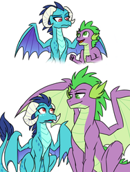 Size: 1536x2048 | Tagged: safe, artist:tamersworld, princess ember, spike, dragon, g4, gauntlet of fire, bedroom eyes, blushing, cute, eye contact, female, frown, male, older, older spike, open mouth, ship:emberspike, shipping, smiling, smirk, spread wings, straight, wide eyes, winged spike, wings