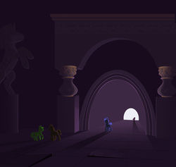 Size: 1024x970 | Tagged: safe, artist:extract-of, legends of equestria, concept art, crypt, scenery, shadows, statue