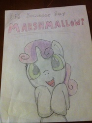 Size: 1936x2592 | Tagged: safe, artist:dash62g, sweetie belle, pony, unicorn, g4, cute, diasweetes, female, food, horn, marshmallow, open mouth, solo, sweetie belle is a marshmallow too, traditional art