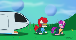 Size: 1000x537 | Tagged: safe, artist:empyu, lily longsocks, twist, earth pony, pony, g4, 30 minute art challenge, adorasocks, clothes, cosplay, costume, crossover, cute, data, duo, geordi laforge, lilydorable, spaceship, star trek, type 8 shuttle
