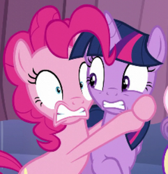 Size: 310x322 | Tagged: safe, screencap, pinkie pie, princess cadance, twilight sparkle, alicorn, pony, g4, the crystalling, cropped, female, frightened, hug, mare, open mouth, scared, shocked, teeth, terrified, twilight sparkle (alicorn)