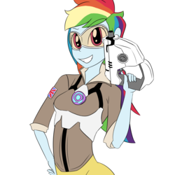 Size: 1000x1000 | Tagged: safe, artist:a_simplepony, rainbow dash, equestria girls, g4, clothes, cosplay, costume, crossover, female, overwatch, rainbow tracer, solo, tracer