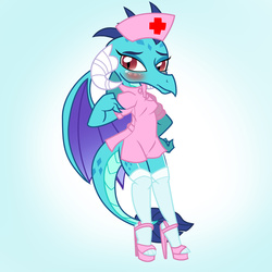 Size: 2400x2400 | Tagged: safe, artist:pyruvate, princess ember, dragon, g4, gauntlet of fire, adorasexy, blushing, breasts, clothes, cute, dragoness, emberbetes, female, high heels, high res, nurse, nurse outfit, sandals, sexy, socks, solo, stockings, thigh highs, tsundember, tsundere