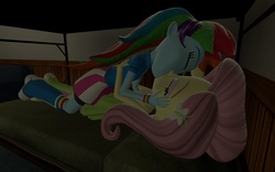 Size: 1440x900 | Tagged: safe, fluttershy, rainbow dash, human, equestria girls, g4, 3d, 3d model, bed, bedroom, boots, clothes, eyes closed, female, gmod, kiss on the lips, kissing, lesbian, ship:flutterdash, shipping, skirt