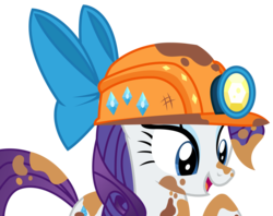 Size: 5391x4267 | Tagged: safe, artist:sketchmcreations, rarity, g4, gauntlet of fire, absurd resolution, bow, cute, dirt, dirty, female, hard hat, hat, helmet, inkscape, looking down, mining helmet, open mouth, raised hoof, raribetes, simple background, solo, transparent background, vector