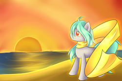 Size: 1024x683 | Tagged: safe, artist:dusthiel, oc, oc only, oc:clear sunset, beach, clothes, ocean, scarf, solo, sunset