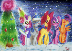 Size: 1024x720 | Tagged: safe, artist:mufflinka, apple bloom, scootaloo, silver spoon, sweetie belle, earth pony, pegasus, pony, unicorn, g4, cutie mark crusaders, hearth's warming eve, snow, snowfall, traditional art