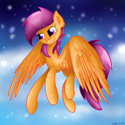 Size: 1000x1000 | Tagged: safe, artist:mufflinka, scootaloo, g4, female, older, scootaloo can fly, snow, snowfall, solo