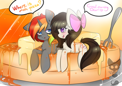Size: 1024x724 | Tagged: dead source, safe, artist:teranen, oc, oc only, oc:aggie, oc:krylone, butter, colored pupils, food, fork, juice, kryggie, orange juice, ponies in food, rainbow hair, syrup, waffle