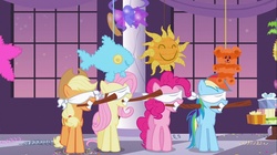 Size: 1100x618 | Tagged: safe, screencap, applejack, fluttershy, pinkie pie, rainbow dash, g4, sweet and elite, blindfold, piñata, stick