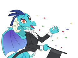 Size: 1090x820 | Tagged: safe, artist:carnifex, princess ember, dragon, g4, gauntlet of fire, clothes, confetti, ember's hat trick, female, hat, looking at you, open mouth, simple background, solo, top hat, white background