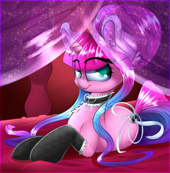 Size: 2800x2850 | Tagged: safe, artist:madacon, oc, oc only, oc:sugar lace, pony, unicorn, bed, choker, clothes, color porn, female, frilly, high res, horn, mare, on bed, solo, stockings, tail wrap, unicorn oc