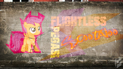 Size: 1366x768 | Tagged: safe, artist:pwnagespartan, scootaloo, pegasus, pony, g4, cracks, graffiti, scootaloo can't fly, solo, vector, wall, wallpaper