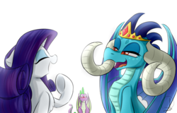 Size: 2500x1600 | Tagged: safe, artist:phuocthiencreation, princess ember, rarity, spike, dragon, pony, unicorn, g4, gauntlet of fire, alternate hairstyle, blushing, crown, dragon lord ember, eyes closed, female, fluffy, laughing, male, mare, older, older spike, open mouth, simple background, smiling, underhoof, white background, wide eyes, winged spike, wings