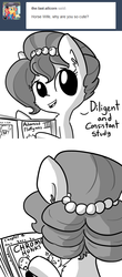 Size: 1096x2480 | Tagged: safe, artist:tjpones, oc, oc only, oc:brownie bun, oc:fluffle puff, earth pony, human, pony, horse wife, ask, book, cheek fluff, comic, ear fluff, female, grayscale, mare, monochrome, reading, shiny bald head, simple background, tumblr, white background